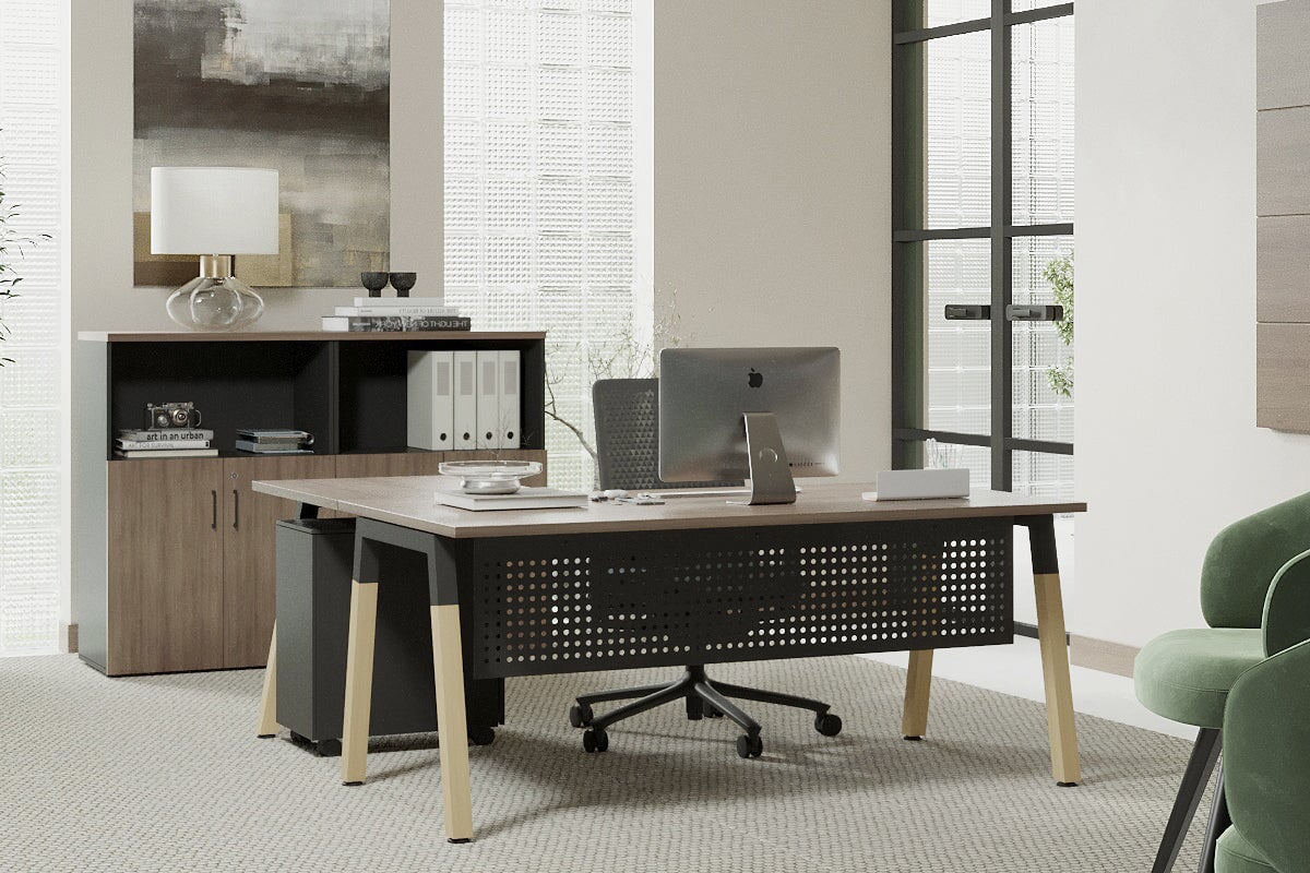 Quadro A Leg - L Shaped Corner Office Desk - Wood Leg Cross Beam [1800L x 1450W] Jasonl 