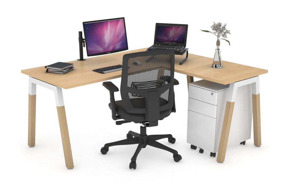 Quadro A Legs - L Shaped Corner Office Desk - Wood Legs Cross Beam [1800L x 1450W]-white leg maple none