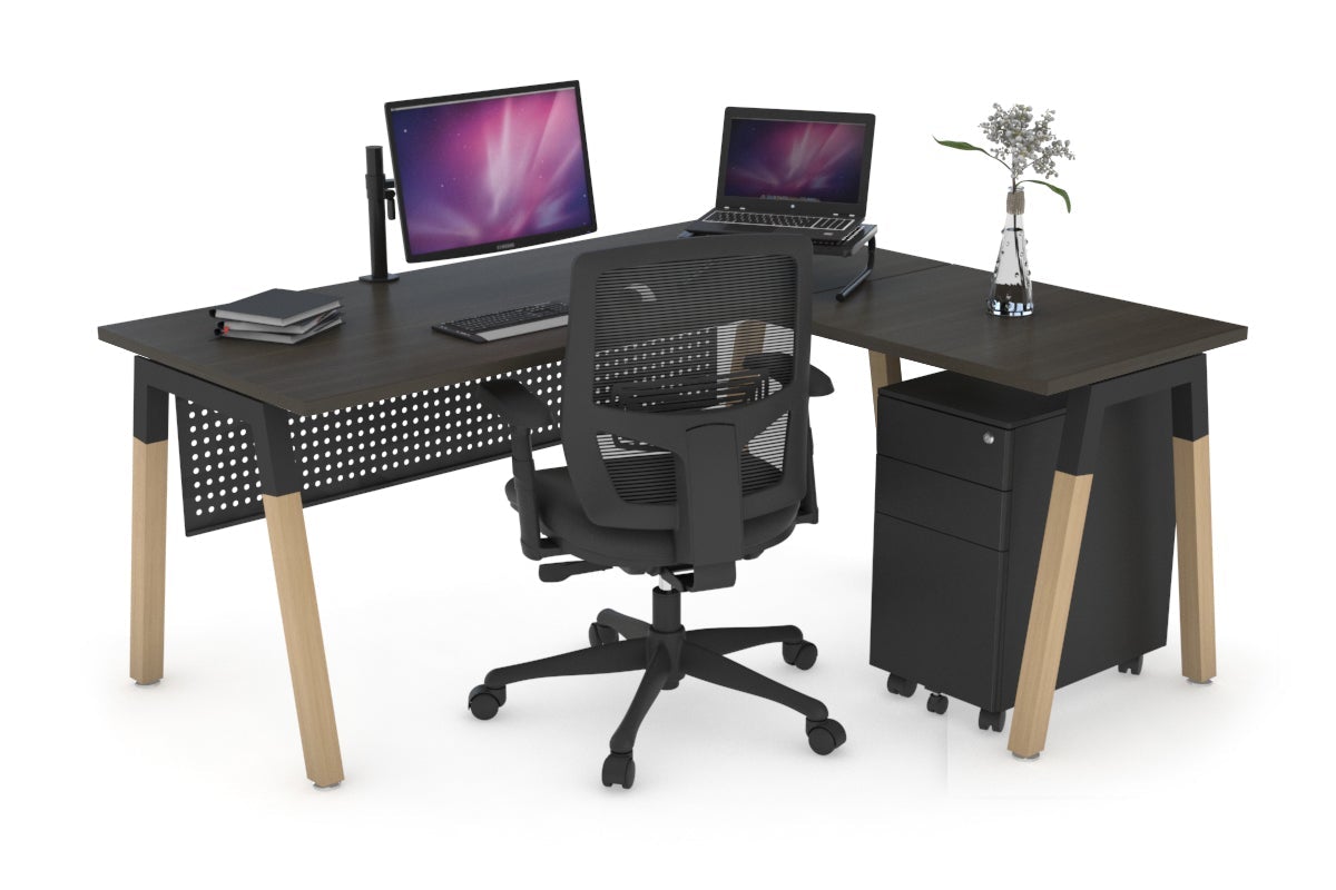 Quadro A Leg - L Shaped Corner Office Desk - Wood Leg Cross Beam [1800L x 1450W] Jasonl black leg dark oak black modesty