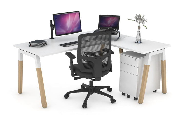 Quadro A Leg - L Shaped Corner Office Desk - Wood Leg Cross Beam [1800L x 1700W] Jasonl white leg white none