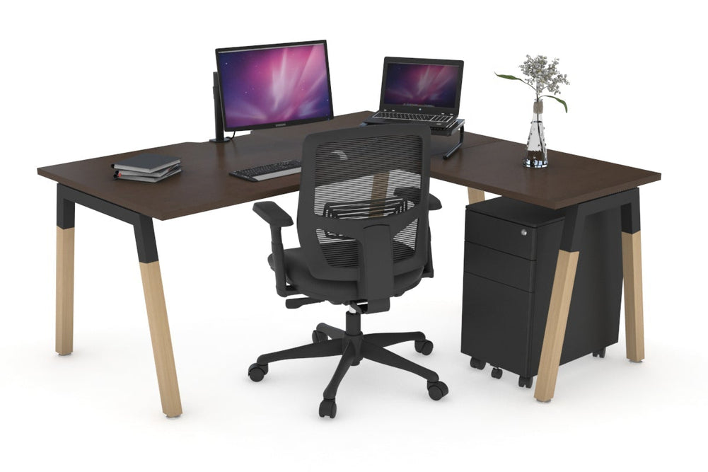 Quadro A Legs - L Shaped Corner Office Desk - Wood Legs Cross Beam [1800L x 1800W with Cable Scallop]-black leg dark oak white modesty