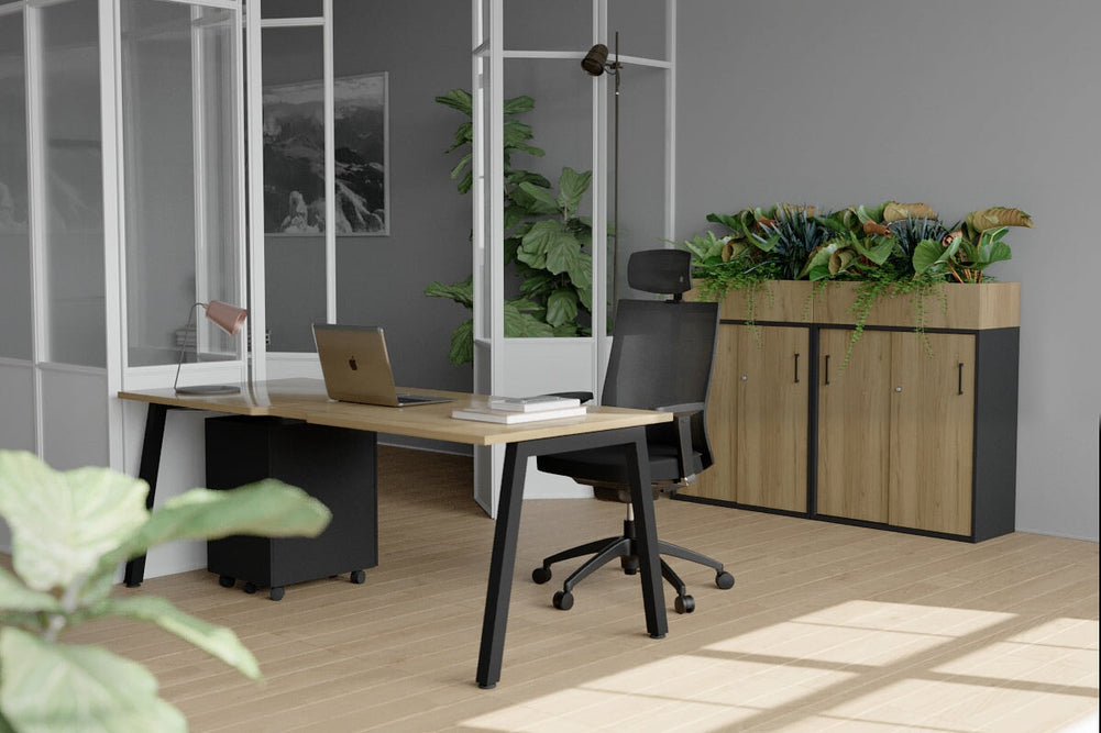 Quadro A Legs Office Desk [1200L x 800W with Cable Scallop]-black leg dark oak white modesty