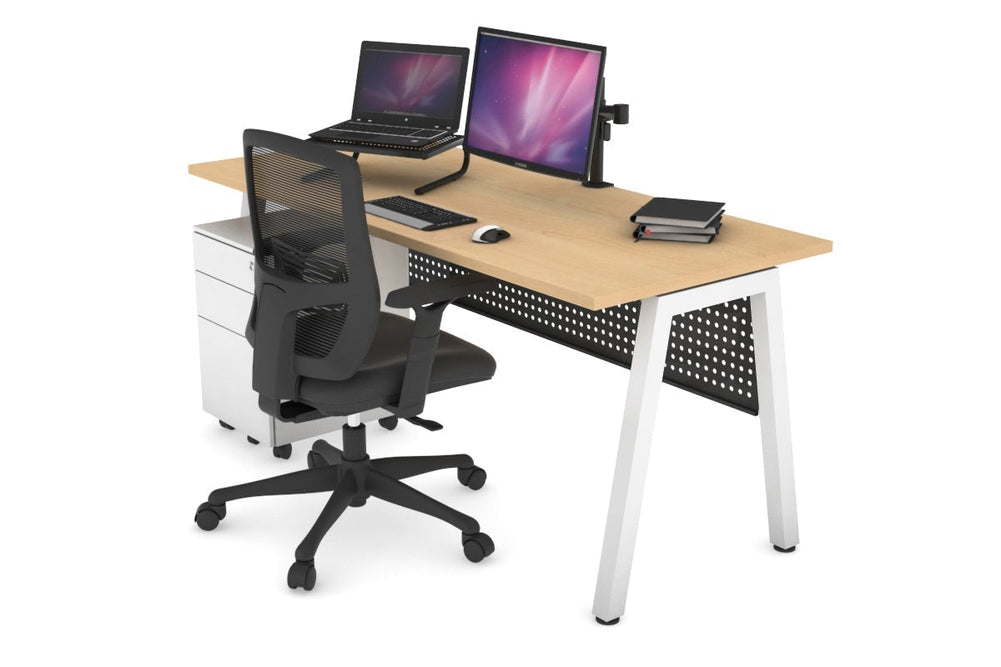 Quadro A Legs Office Desk [1400L x 700W]-white leg maple black modesty