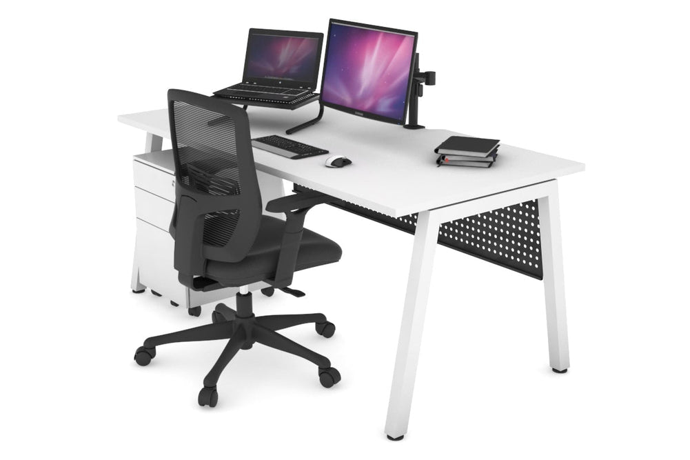 Quadro A Legs Office Desk [1400L x 800W with Cable Scallop]-white leg white black modesty