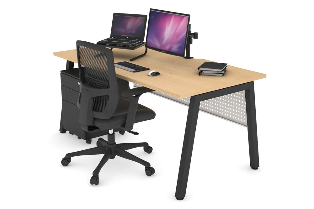 Quadro A Legs Office Desk [1400L x 800W with Cable Scallop]-black leg maple white modesty