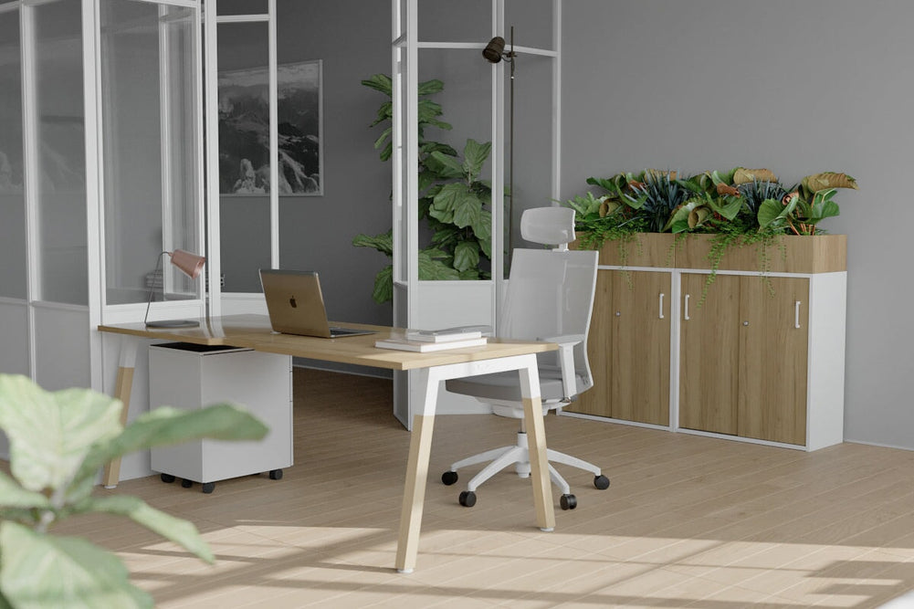 Quadro A Legs Office Desk - Wood Legs Cross Beam [1200L x 800W with Cable Scallop]-black leg dark oak white modesty