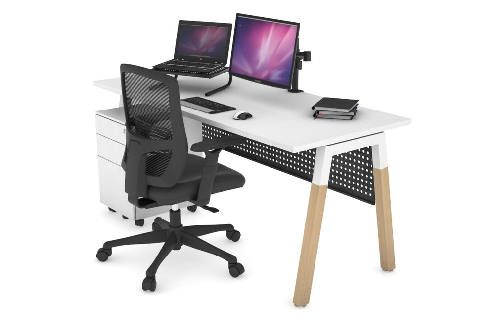 Quadro A Legs Office Desk - Wood Legs Cross Beam [1400L x 700W]-white leg white black modesty