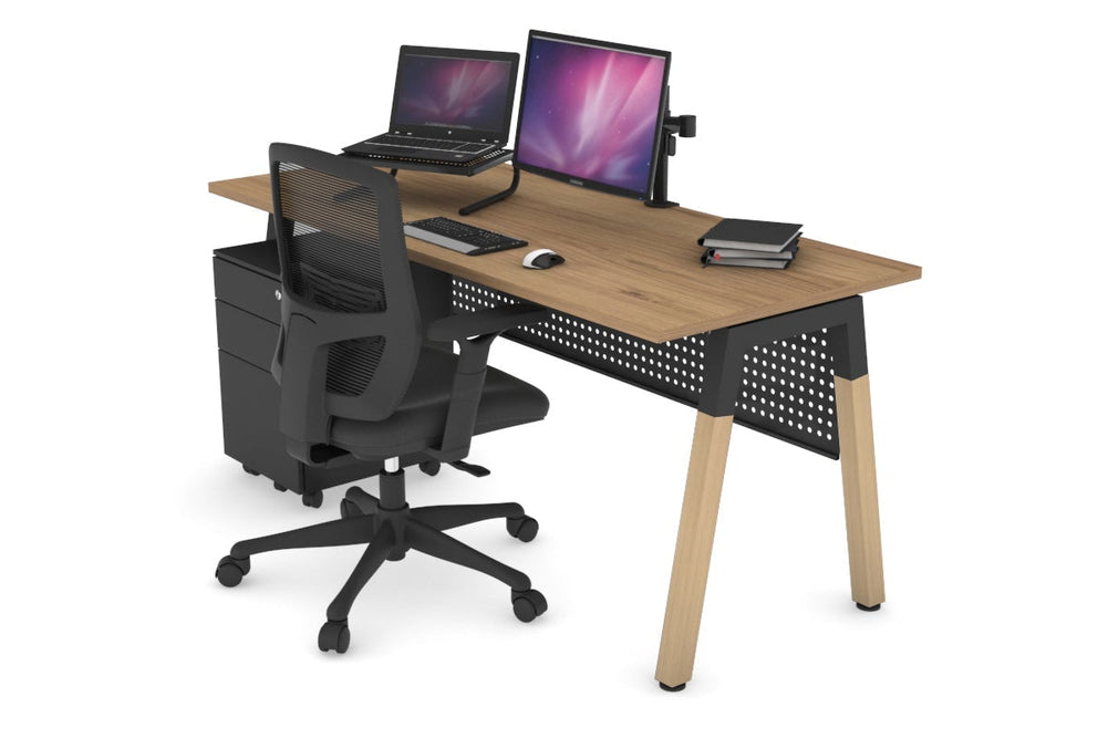 Quadro A Legs Office Desk - Wood Legs Cross Beam [1400L x 700W]-black leg salvage oak black modesty