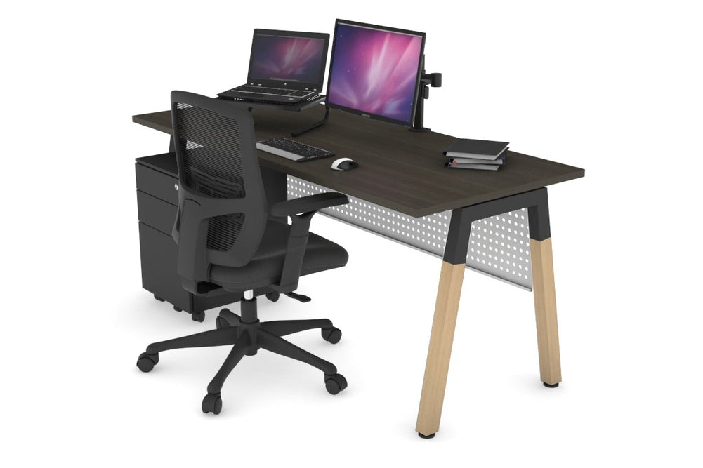 Quadro A Legs Office Desk - Wood Legs Cross Beam [1400L x 700W]-black leg dark oak white modesty