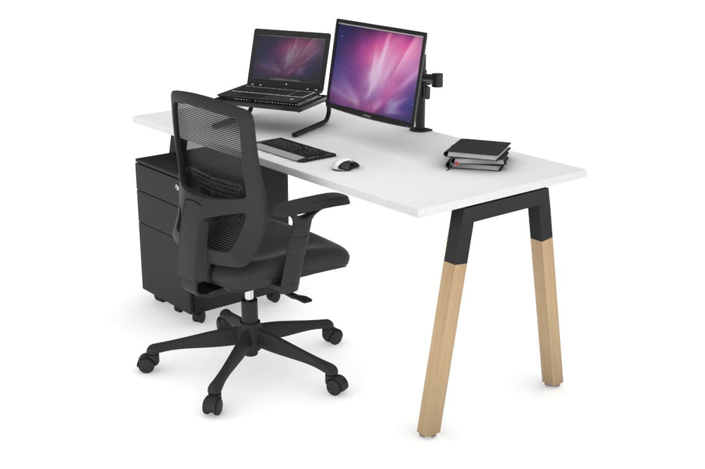 Quadro A Legs Office Desk - Wood Legs Cross Beam [1400L x 700W]-black leg white none