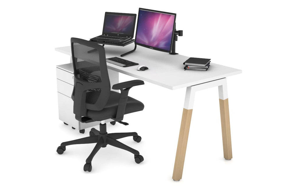 Quadro A Legs Office Desk - Wood Legs Cross Beam [1400L x 700W]-white leg white none