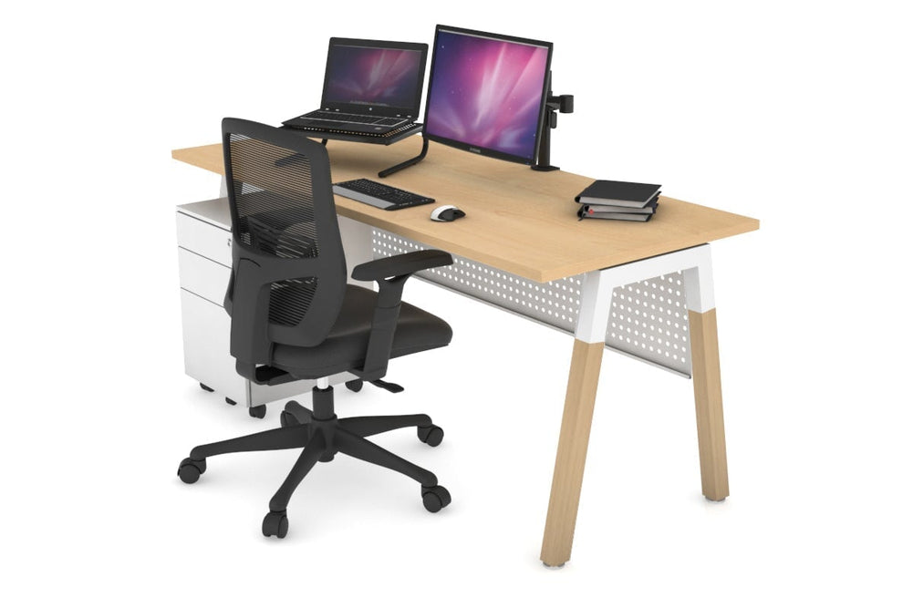 Quadro A Legs Office Desk - Wood Legs Cross Beam [1400L x 700W]-white leg maple white modesty