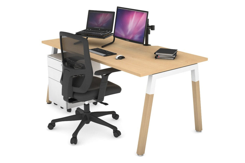 Quadro A Legs Office Desk - Wood Legs Cross Beam [1400L x 800W with Cable Scallop]-white leg maple none