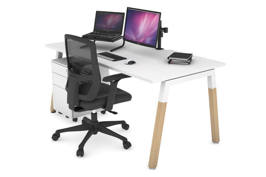 Quadro A Leg Office Desk - Wood Leg Cross Beam [1400L x 800W with Cable Scallop] Jasonl white leg white none