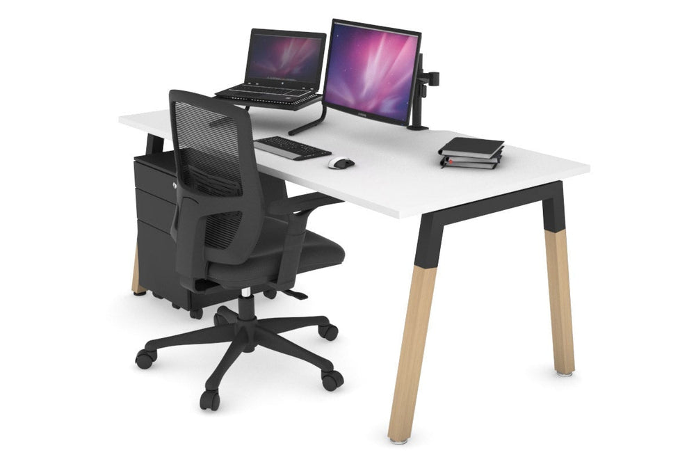 Quadro A Legs Office Desk - Wood Legs Cross Beam [1400L x 800W with Cable Scallop]-black leg white none