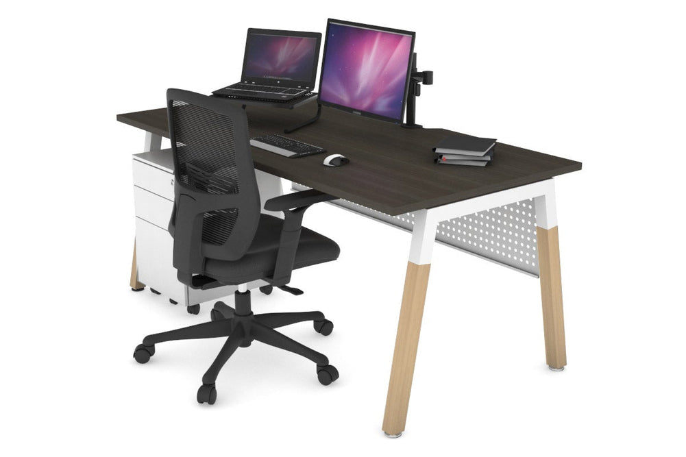 Quadro A Legs Office Desk - Wood Legs Cross Beam [1400L x 800W with Cable Scallop]-white leg dark oak white modesty