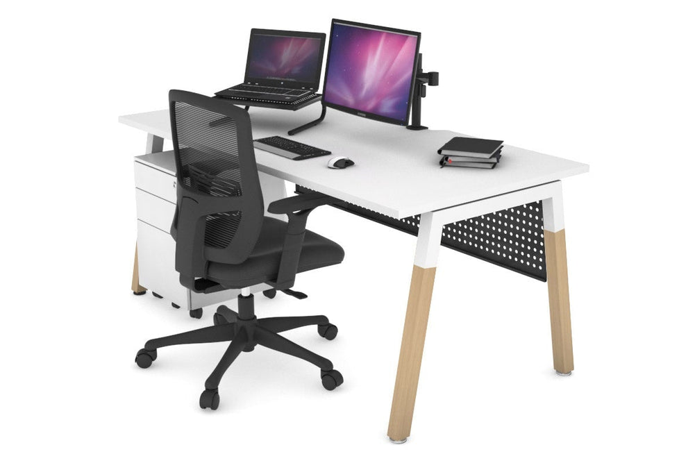 Quadro A Legs Office Desk - Wood Legs Cross Beam [1400L x 800W with Cable Scallop]-white leg white black modesty