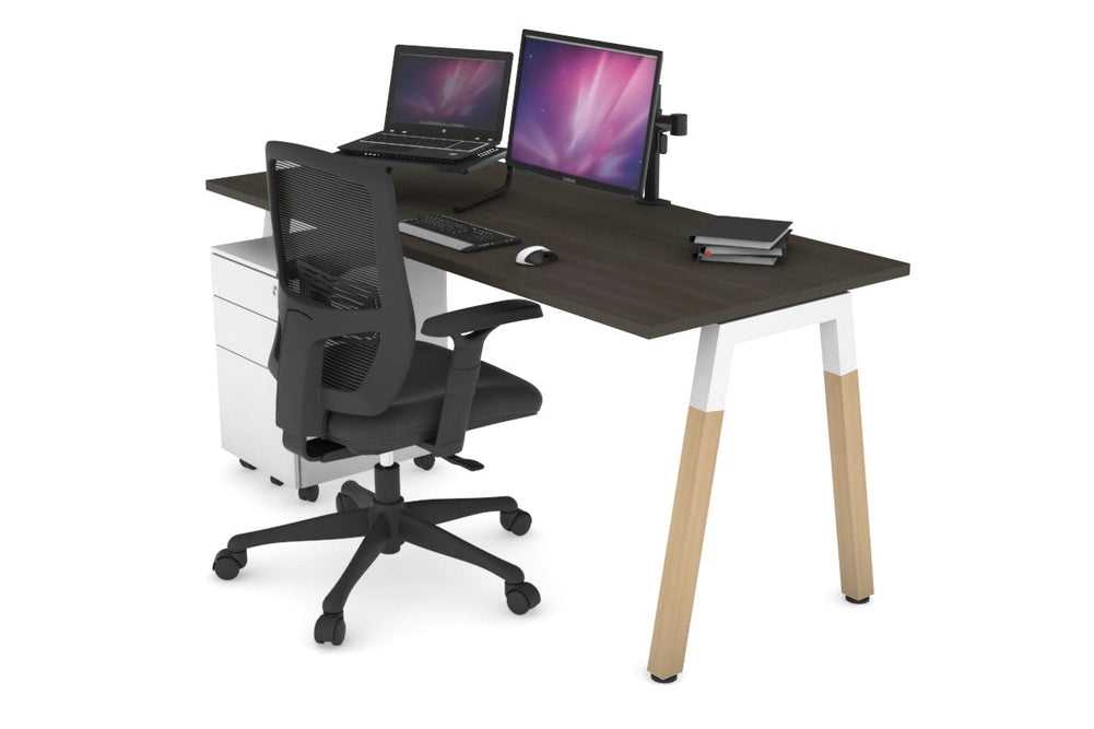 Quadro A Legs Office Desk - Wood Legs Cross Beam [1600L x 700W]-white leg dark oak none