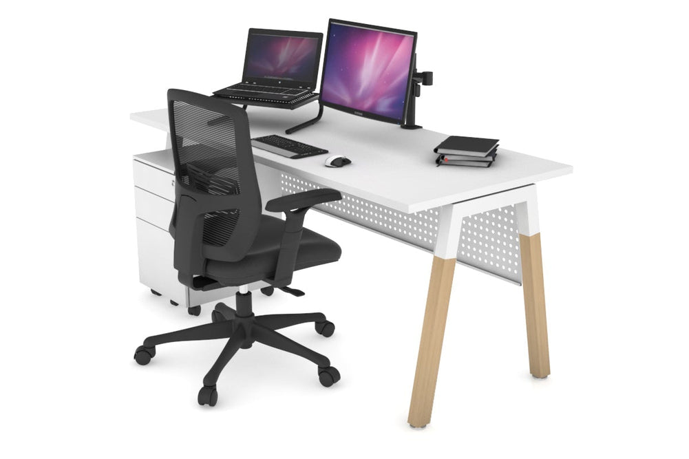 Quadro A Legs Office Desk - Wood Legs Cross Beam [1600L x 700W]-white leg white white modesty