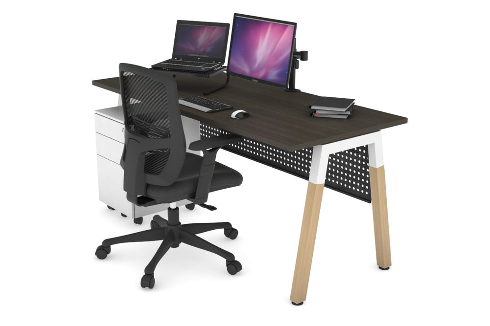 Quadro A Legs Office Desk - Wood Legs Cross Beam [1600L x 700W]-white leg dark oak black modesty