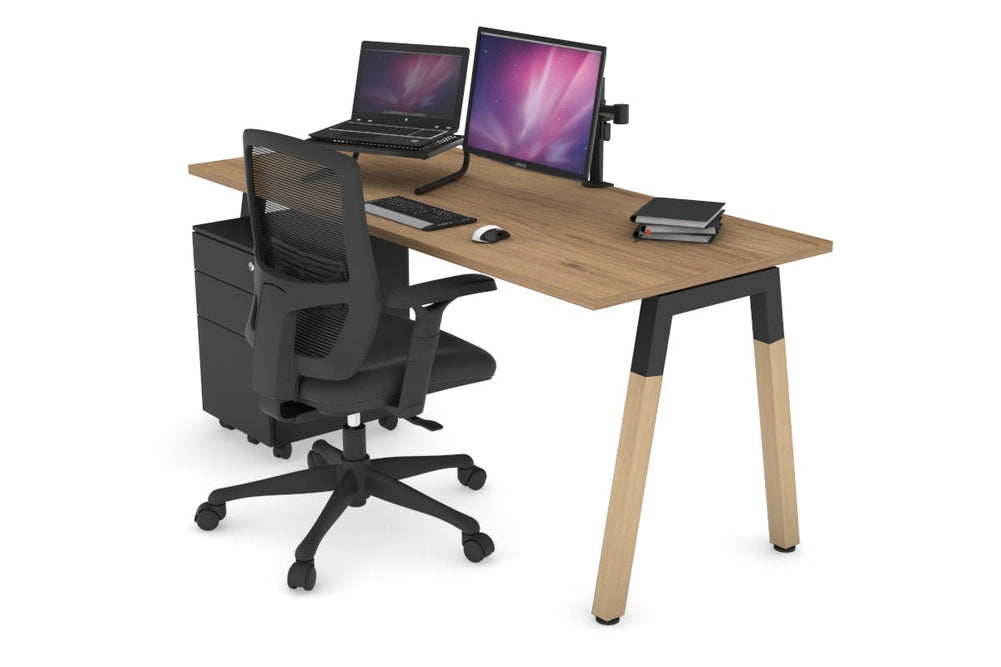 Quadro A Legs Office Desk - Wood Legs Cross Beam [1600L x 700W]-black leg salvage oak none