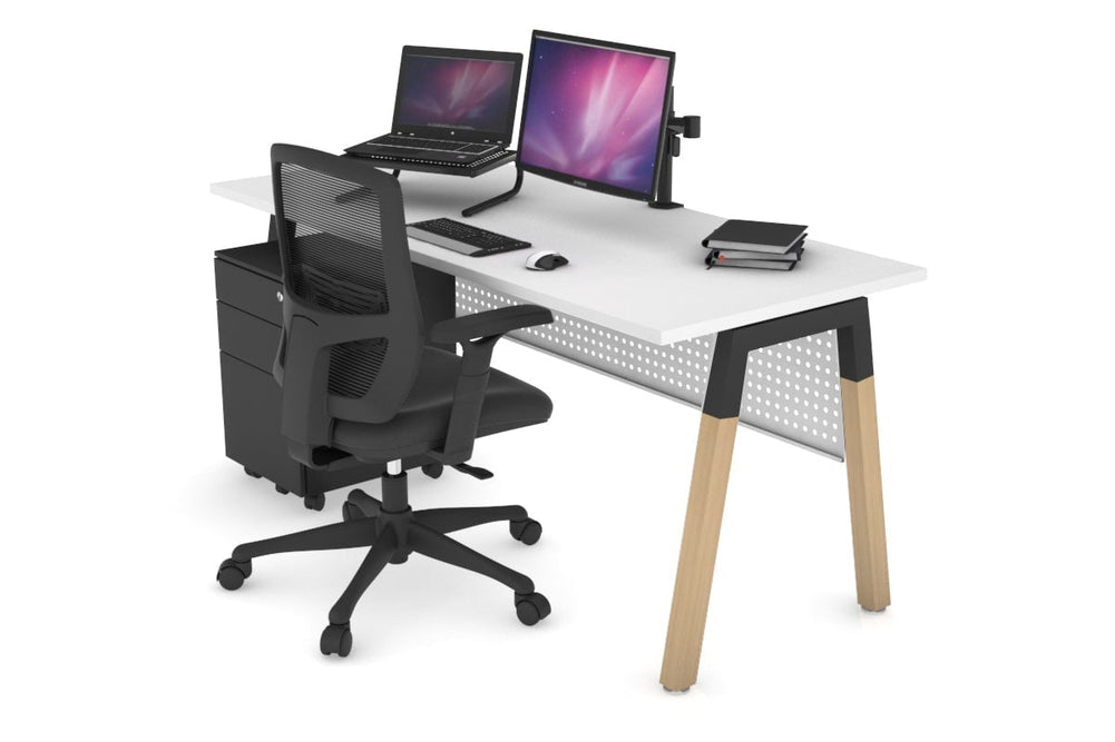 Quadro A Legs Office Desk - Wood Legs Cross Beam [1600L x 700W]-black leg white white modesty