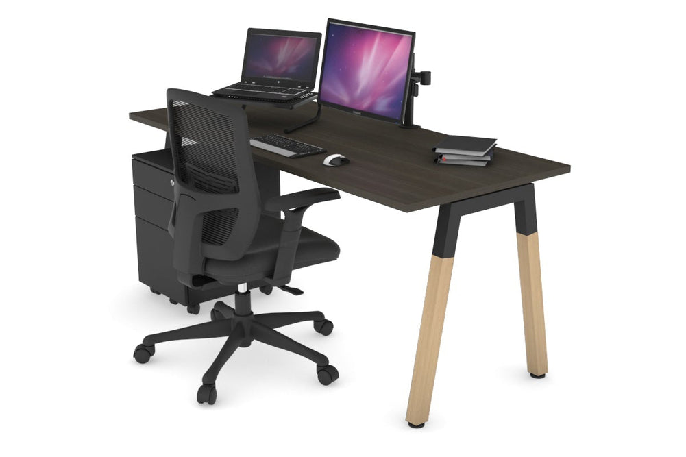Quadro A Legs Office Desk - Wood Legs Cross Beam [1600L x 700W]-black leg dark oak none