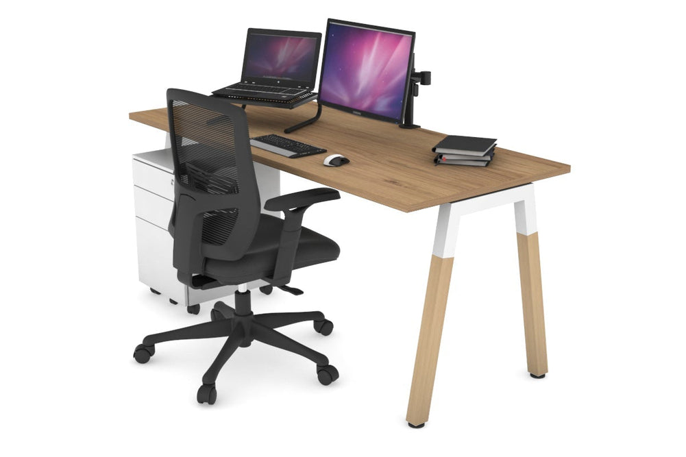 Quadro A Legs Office Desk - Wood Legs Cross Beam [1600L x 700W]-white leg salvage oak none