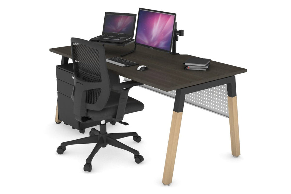 Quadro A Legs Office Desk - Wood Legs Cross Beam [1600L x 800W with Cable Scallop]-black leg dark oak white modesty