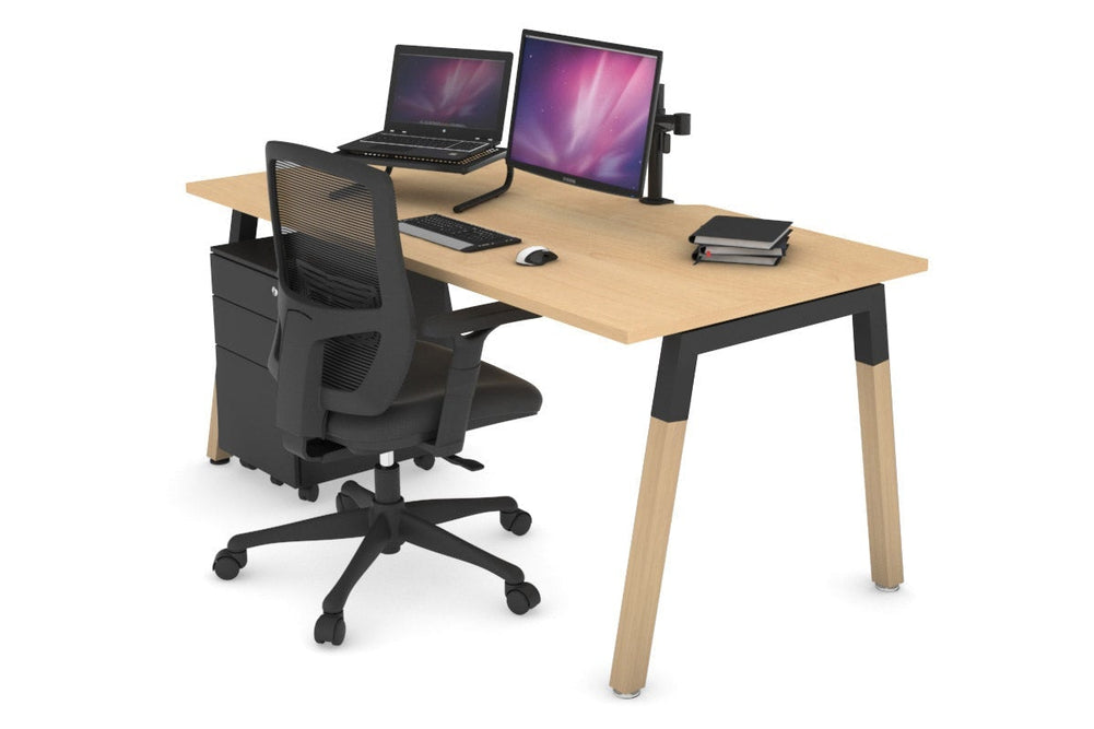 Quadro A Legs Office Desk - Wood Legs Cross Beam [1600L x 800W with Cable Scallop]-black leg maple none