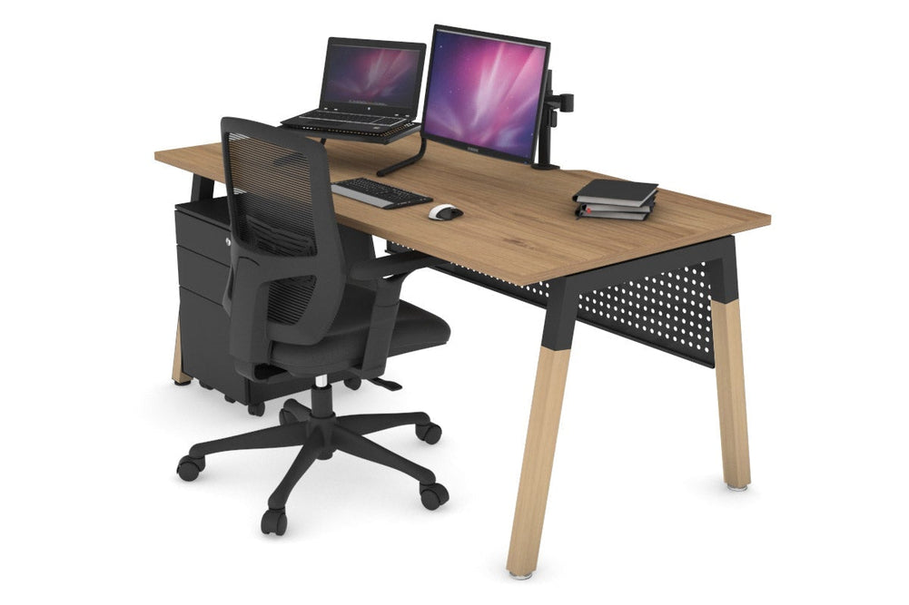Quadro A Legs Office Desk - Wood Legs Cross Beam [1600L x 800W with Cable Scallop]-black leg salvage oak black modesty