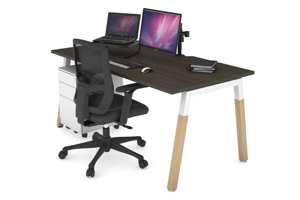 Quadro A Legs Office Desk - Wood Legs Cross Beam [1600L x 800W with Cable Scallop]-white leg dark oak none