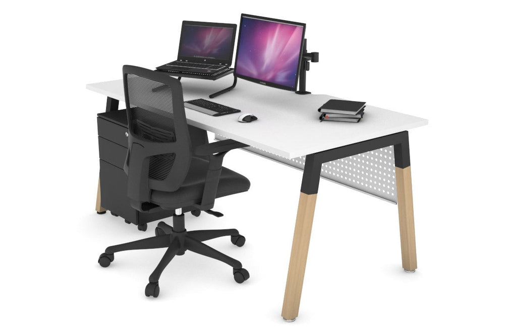 Quadro A Legs Office Desk - Wood Legs Cross Beam [1600L x 800W with Cable Scallop]-black leg white white modesty