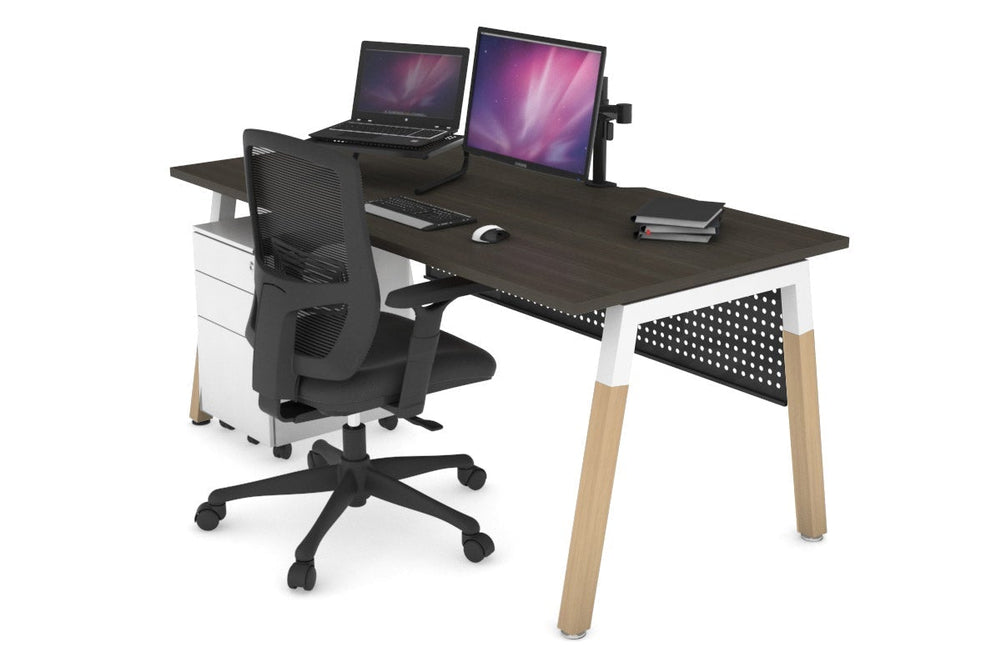 Quadro A Legs Office Desk - Wood Legs Cross Beam [1600L x 800W with Cable Scallop]-white leg dark oak black modesty