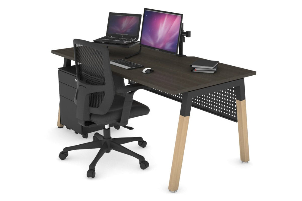Quadro A Legs Office Desk - Wood Legs Cross Beam [1600L x 800W with Cable Scallop]-black leg dark oak black modesty