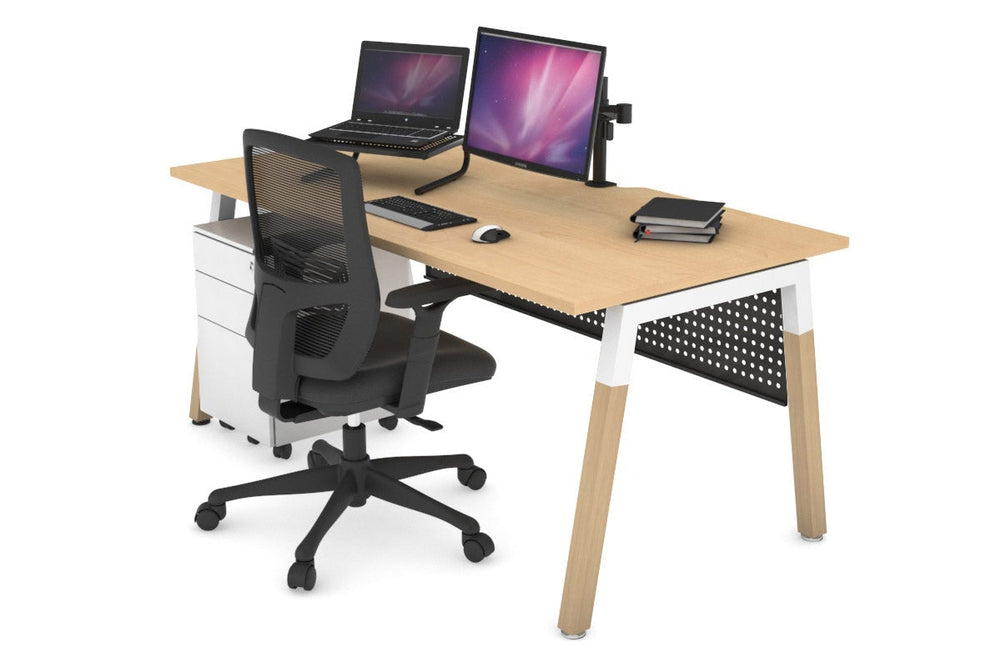 Quadro A Legs Office Desk - Wood Legs Cross Beam [1600L x 800W with Cable Scallop]-white leg maple black modesty