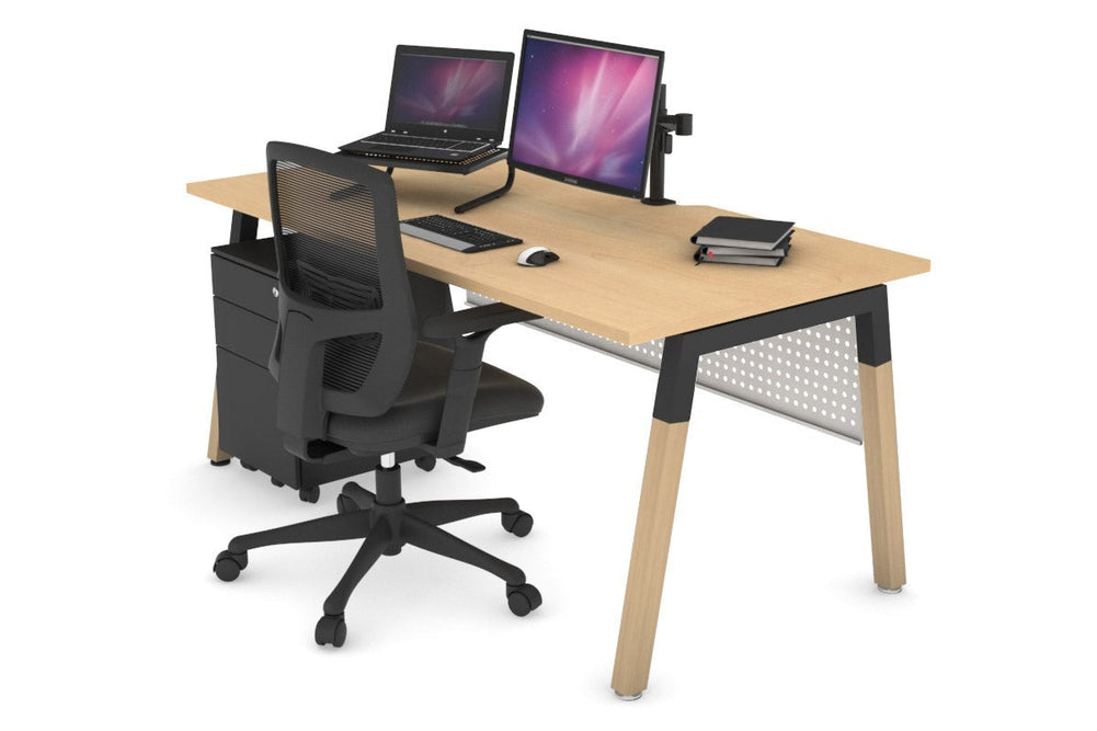 Quadro A Legs Office Desk - Wood Legs Cross Beam [1600L x 800W with Cable Scallop]-black leg maple white modesty