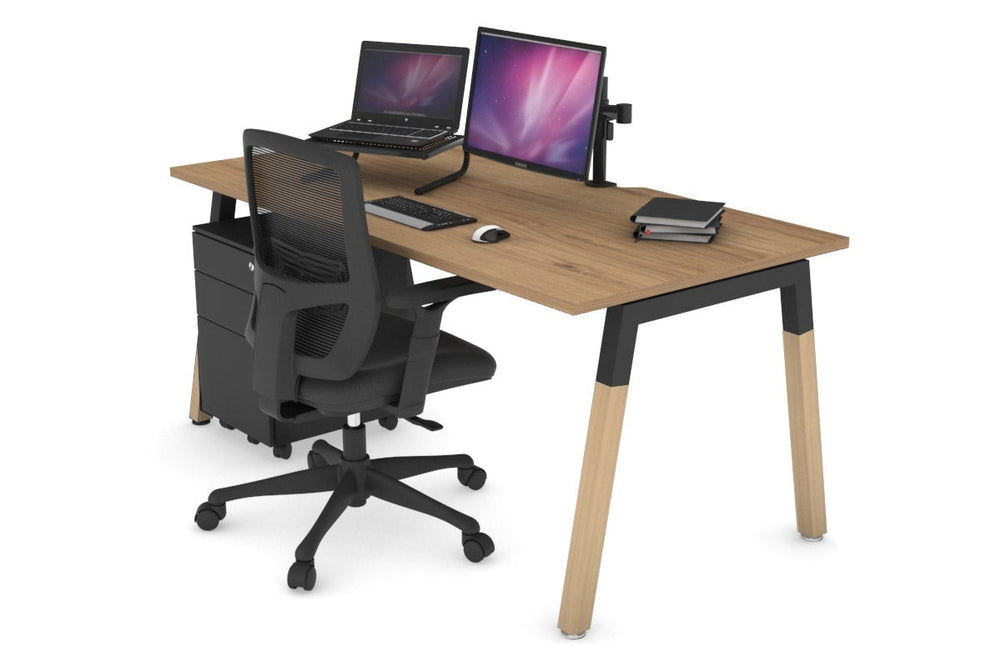 Quadro A Legs Office Desk - Wood Legs Cross Beam [1600L x 800W with Cable Scallop]-black leg salvage oak none