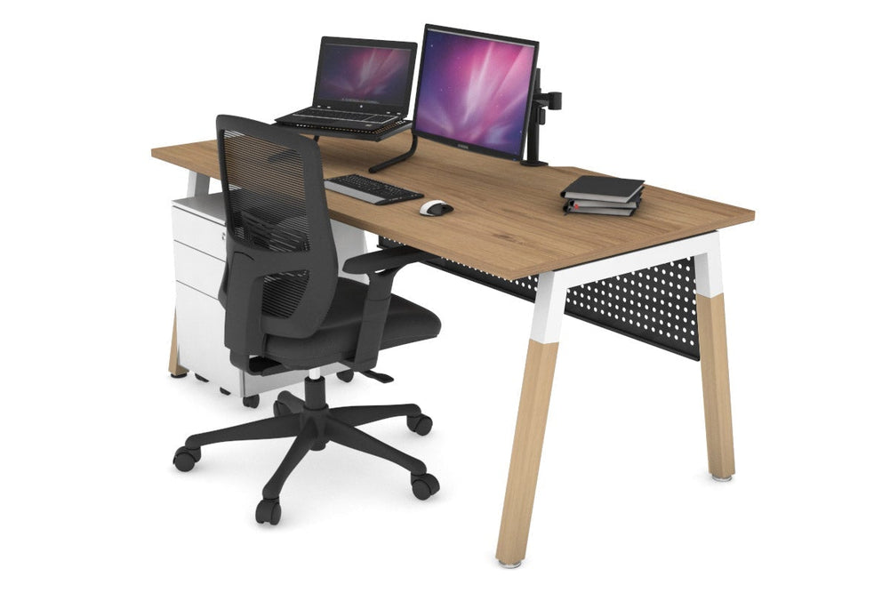 Quadro A Legs Office Desk - Wood Legs Cross Beam [1600L x 800W with Cable Scallop]-white leg salvage oak black modesty