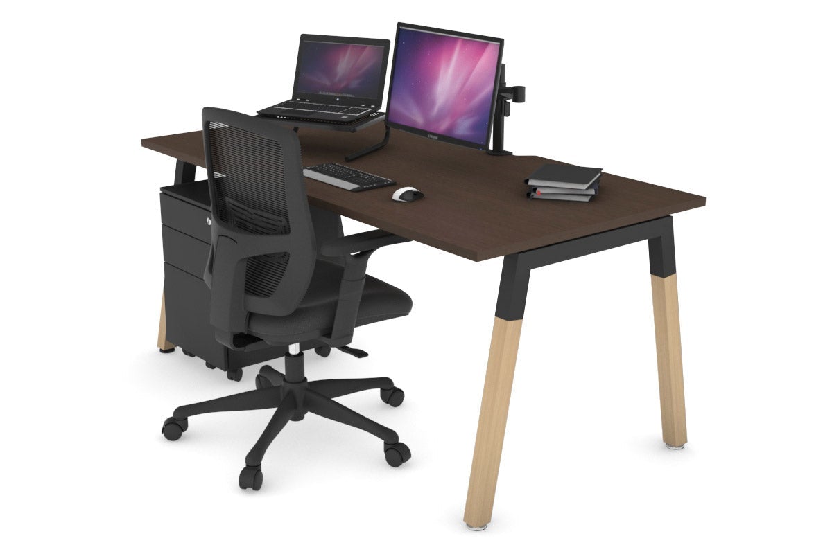 Quadro A Leg Office Desk - Wood Leg Cross Beam [1600L x 800W with Cable Scallop] Jasonl black leg wenge none