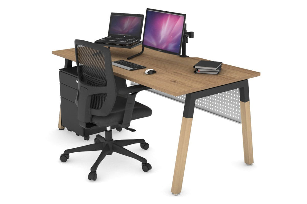 Quadro A Legs Office Desk - Wood Legs Cross Beam [1600L x 800W with Cable Scallop]-black leg salvage oak white modesty