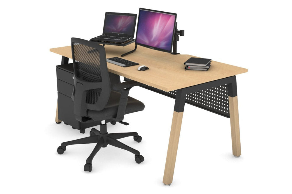 Quadro A Legs Office Desk - Wood Legs Cross Beam [1600L x 800W with Cable Scallop]-black leg maple black modesty
