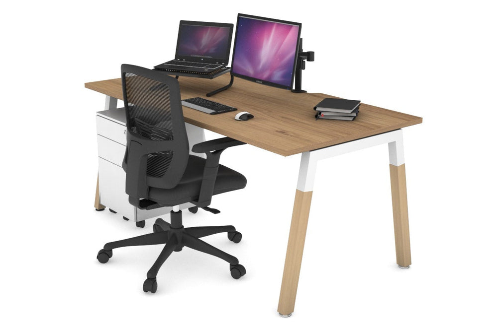 Quadro A Legs Office Desk - Wood Legs Cross Beam [1600L x 800W with Cable Scallop]-white leg salvage oak none