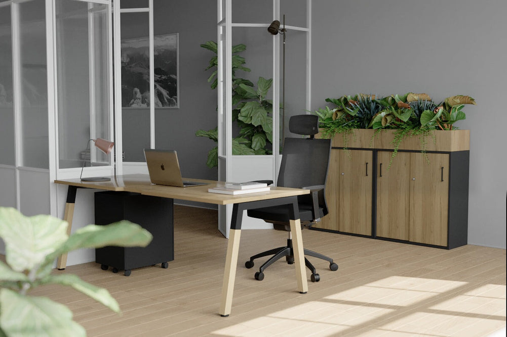 Quadro A Legs Office Desk - Wood Legs Cross Beam [1600L x 800W with Cable Scallop]-black leg dark oak white modesty