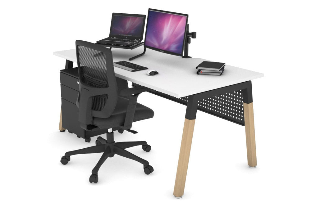 Quadro A Legs Office Desk - Wood Legs Cross Beam [1600L x 800W with Cable Scallop]-black leg white black modesty