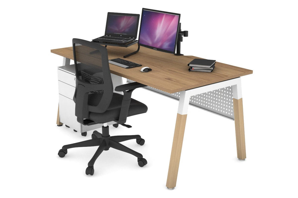 Quadro A Legs Office Desk - Wood Legs Cross Beam [1600L x 800W with Cable Scallop]-white leg salvage oak white modesty