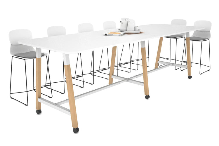 Quadro A Legs Counter Table with Radius Corners - Wood Legs Cross Beam [3200L x 1100W] Jasonl white leg white wheels