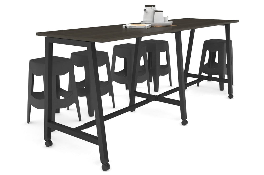 Quadro A Legs Large Counter Table [2400L x 700W]-black leg dark oak wheels