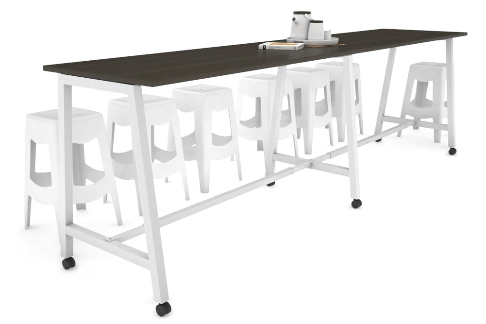 Quadro A Legs Large Counter Table [3200L x 700W]-white leg dark oak wheels