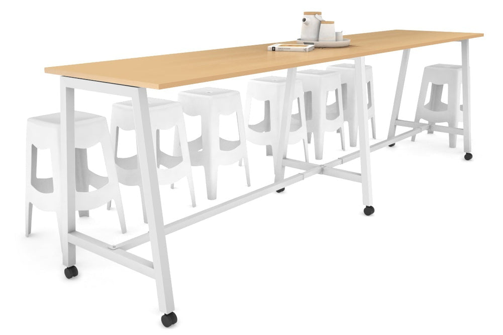 Quadro A Legs Large Counter Table [3200L x 700W]-white leg maple wheels